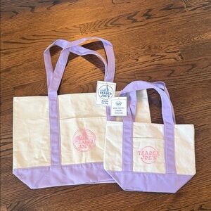 Trader Joe's Canvas Regular & Mini Tote Bag Mommy & Me Lavender-Trim